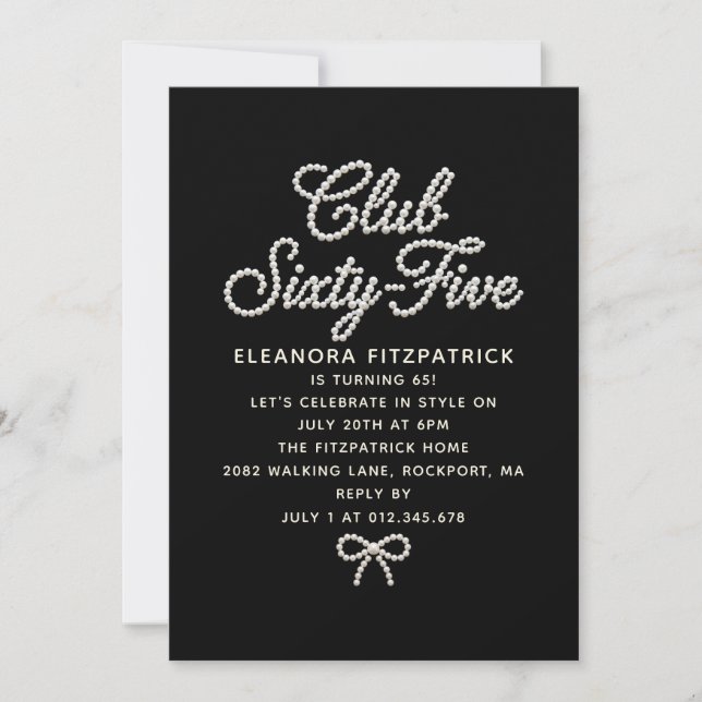 65th Birthday Black White Pearl Script Bow Invitation (Front)
