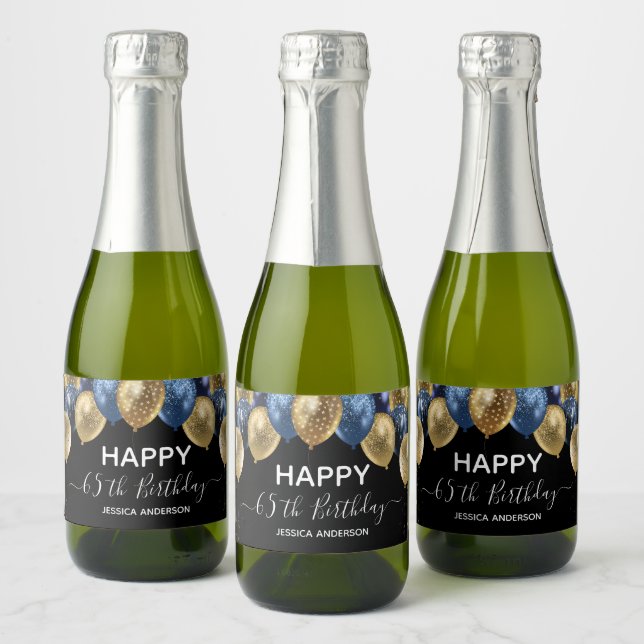 65th Birthday Blue and Gold Balloons Sparkling Wine Label (Bottles)
