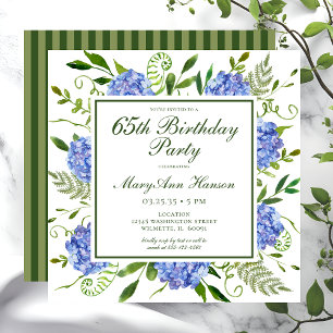 65th Birthday Blue Hydrangeas Script Invitation