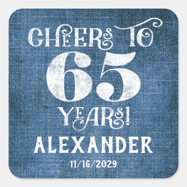 65th Birthday Blue Linen Thank You Favour Stickers (Front)