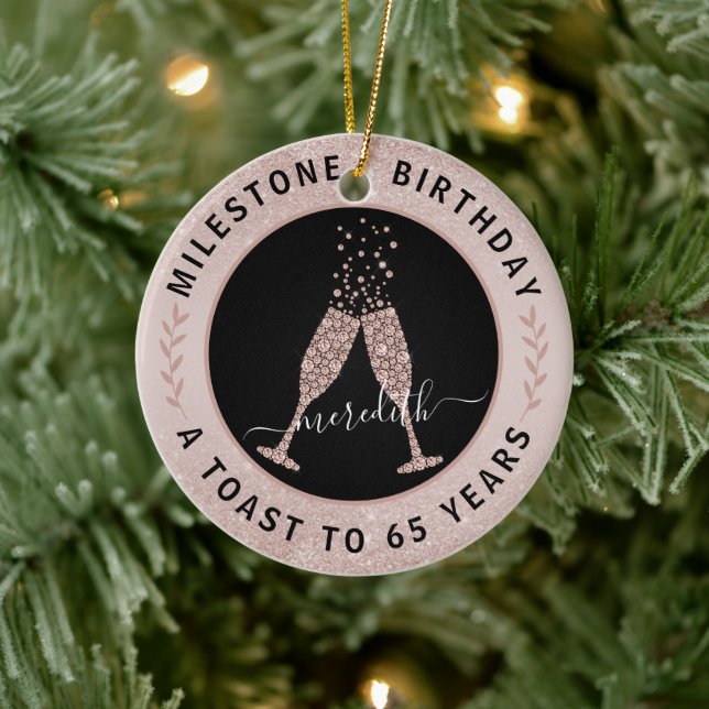  65th Birthday Blush Glitter Champagne Toast Name Ceramic Ornament (Tree)