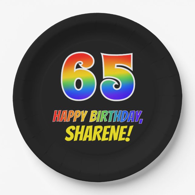 65th Birthday: Bold, Fun, Simple, Rainbow 65 Paper Plate (Front)