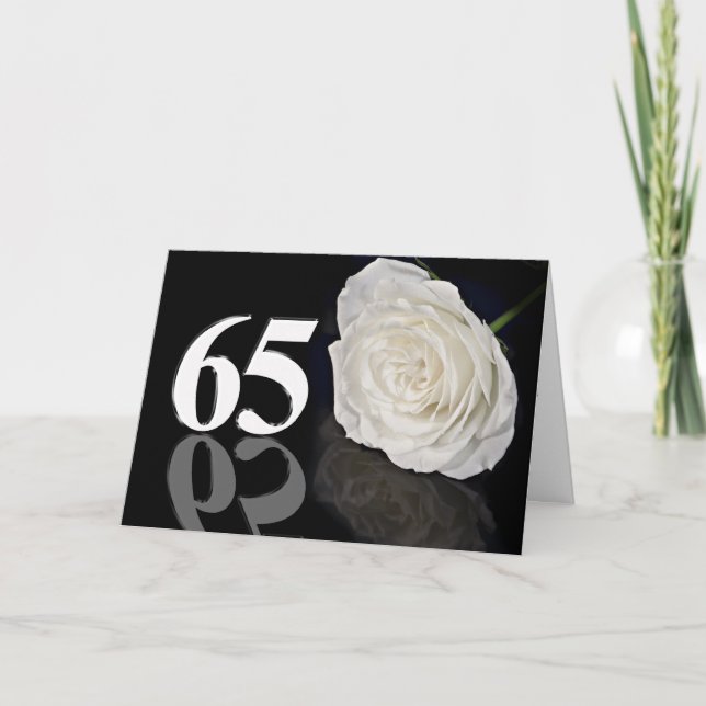 65th Birthday Card with a classic white rose (Front)