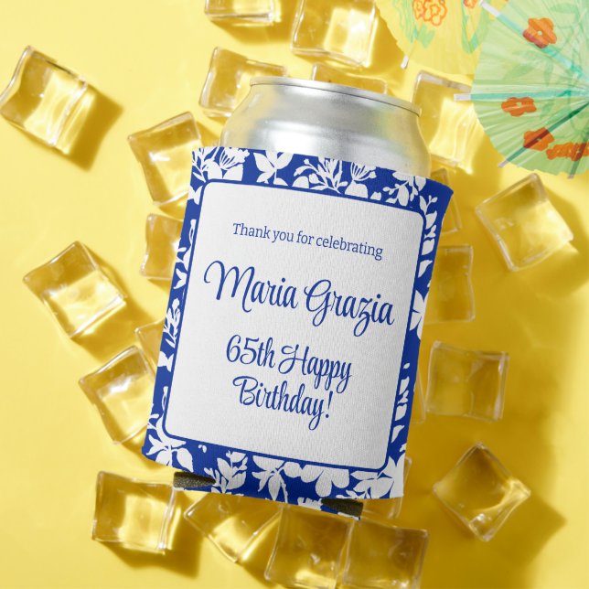 65th Birthday Chic Blue White Floral  Can Cooler (In Situ Summer)