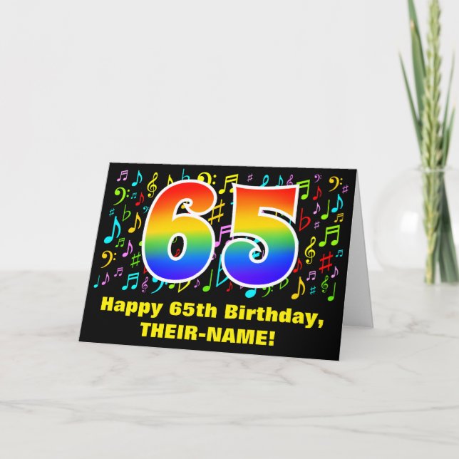 65th Birthday: Colorful Music Symbols & Rainbow 65 Card (Front)