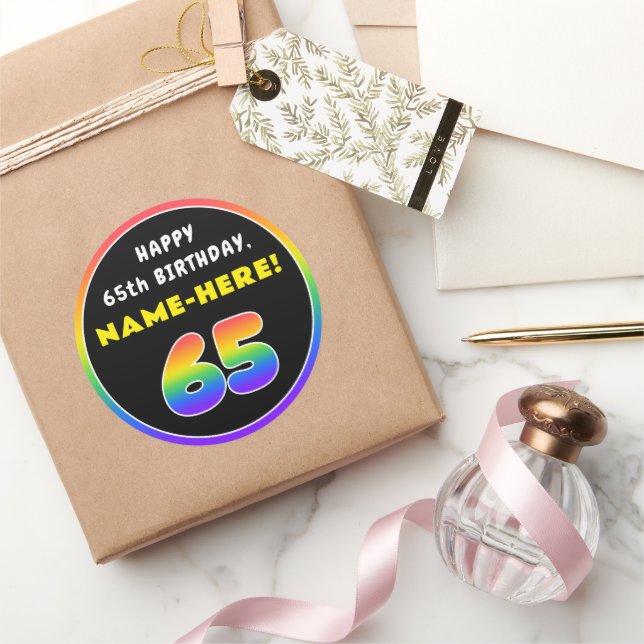 65th Birthday: Colourful Rainbow # 65, Custom Name Classic Round Sticker (Gifting)