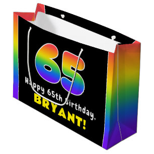 65th Birthday: Colourful Rainbow # 65, Custom Name Large Gift Bag