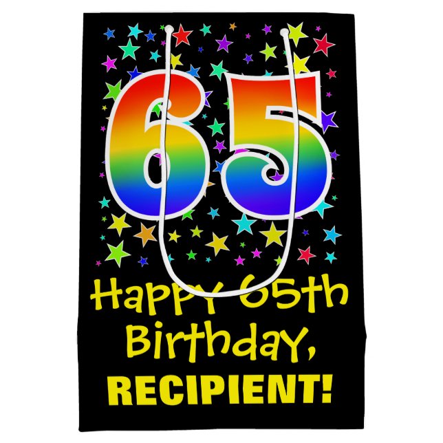 65th Birthday: Colourful Stars Pattern & Rainbow 6 Medium Gift Bag