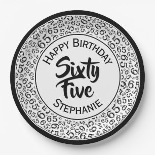 65th Birthday Cool Number Pattern Black and White Paper Plate