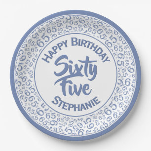 65th Birthday Cool  Number Pattern Blue and White Paper Plate