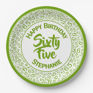 65th Birthday Cool Number Pattern Green and White Paper Plate