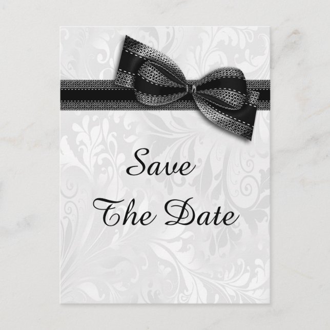 65th Birthday Damask and Faux Bow Save The Date Announcement Postcard (Front)