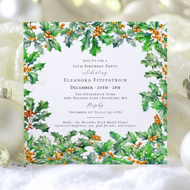 65th Birthday December Birth Flower Holly Square Invitation (Creator Uploaded)