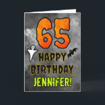 65th Birthday: Eerie Halloween Theme   Custom Name Card<br><div class="desc">The front of this spooky and scary Halloween themed birthday greeting card design features a large number “65”. It also features the message “HAPPY BIRTHDAY, ”, plus an editable name. There are also depictions of a ghost and a bat on the front. The inside features an editable birthday greeting message,...</div>