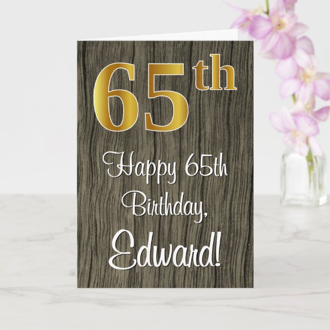 65th Birthday: Elegant Faux Gold Look #, Faux Wood Card (Orchid)