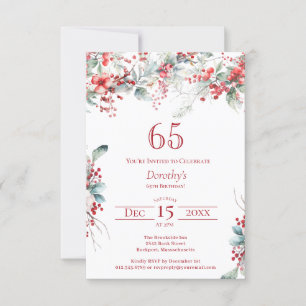 65th Birthday Elegant Winter Berry Botanical Invitation