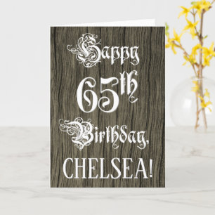 65th Birthday: Fancy, Elegant Text; Faux Wood Look Card