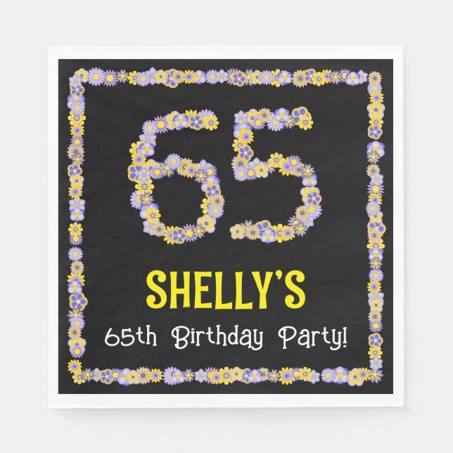 65th Birthday: Floral Flowers Number, Custom Name Napkin (Front)