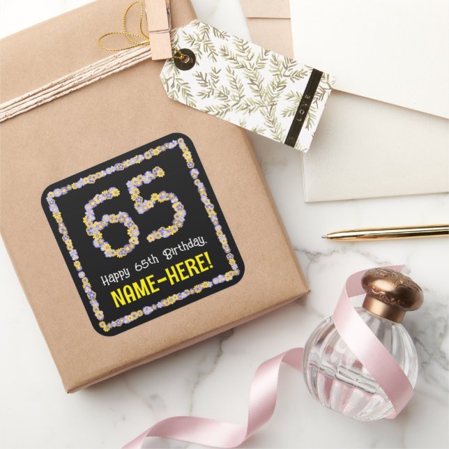 65th Birthday: Floral Flowers Number, Custom Name Square Sticker (Gifting)