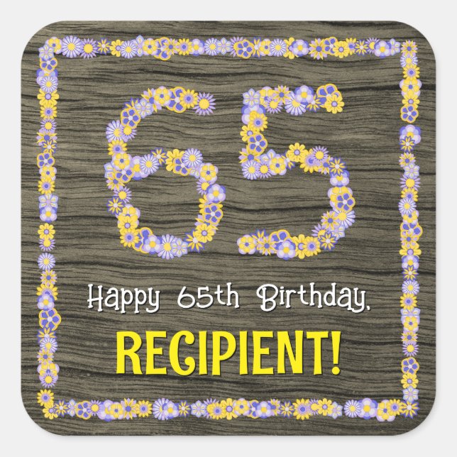 65th Birthday: Floral Number, Faux Wood Look, Name Square Sticker (Front)