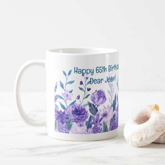 65th Birthday Flowers Love Elegant Modern Floral Coffee Mug (With Donut)