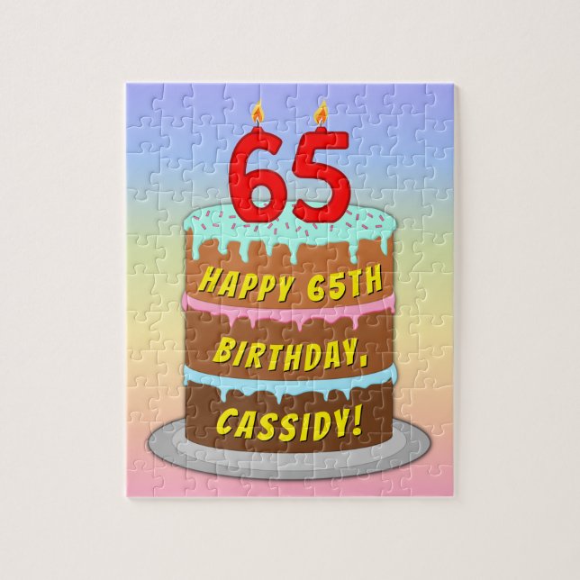 65th Birthday: Fun Cake and Candles + Custom Name Jigsaw Puzzle (Vertical)