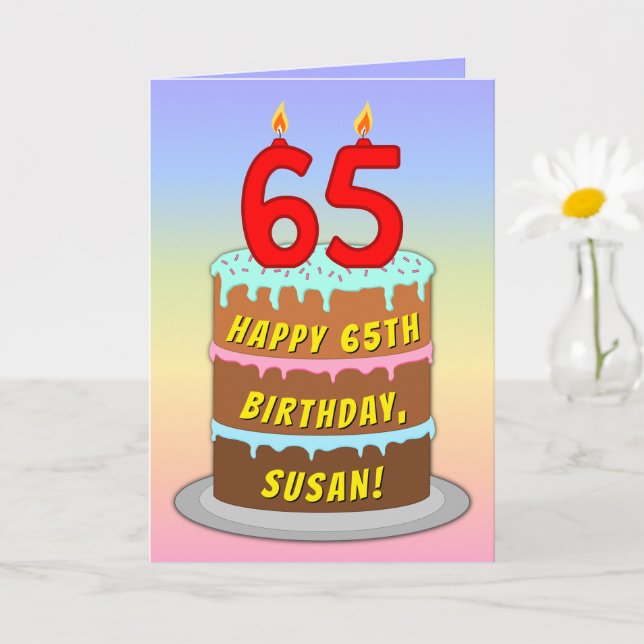 65th Birthday — Fun Cake & Candles, w/ Custom Name Card (Small Plant)