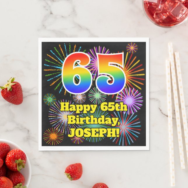 65th Birthday: Fun Fireworks Pattern + Rainbow 65 Napkin (Insitu)