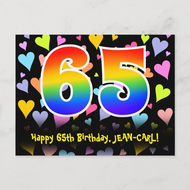65th Birthday: Fun Hearts Pattern, Rainbow 65 Postcard (Front)