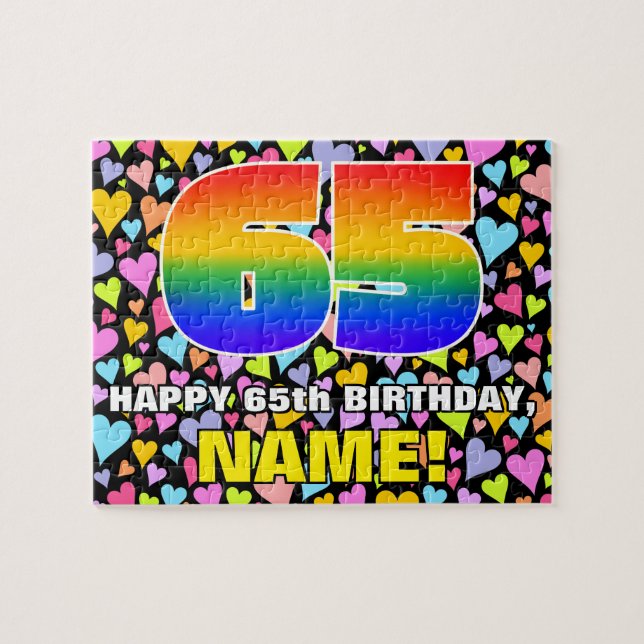 65th Birthday — Fun, Loving Heart Shapes + “65” Jigsaw Puzzle (Horizontal)