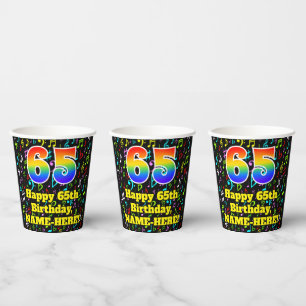 65th Birthday: Fun Music Notes Pattern, Rainbow 65 Paper Cups