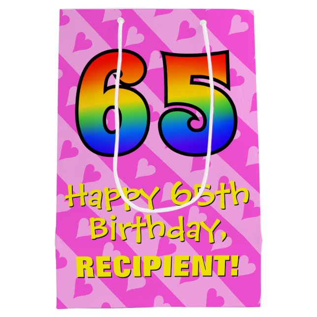 65th Birthday: Fun Pink Hearts Stripes; Rainbow 65 Medium Gift Bag (Back)