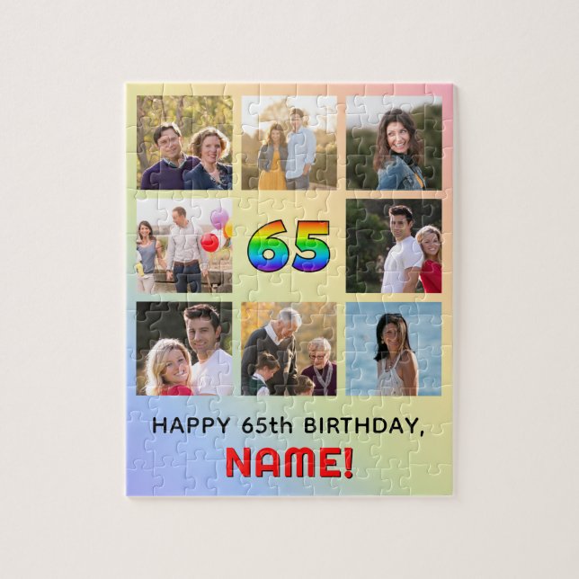 65th Birthday: Fun Rainbow #, Custom Name & Photos Jigsaw Puzzle (Vertical)