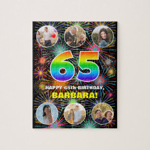 65th Birthday: Fun Rainbow #, Custom Name + Photos Jigsaw Puzzle