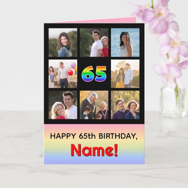 65th Birthday: Fun Rainbow #, Custom Photos + Name Card (Orchid)
