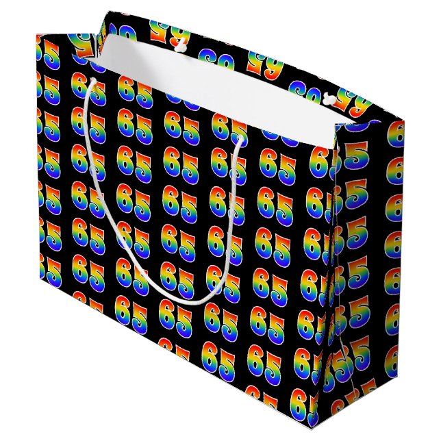 65th Birthday: Fun Rainbow Event Number 65 Pattern Large Gift Bag (Back Angled)