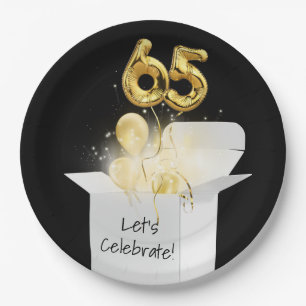 65th Birthday Gold Balloons In White Box Paper Plate