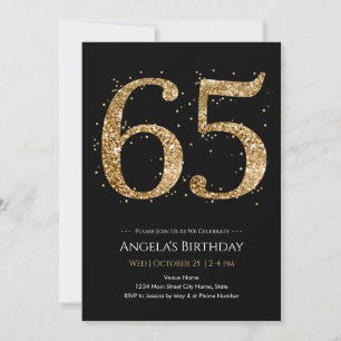 65th Birthday Gold Glitter black  Invitation