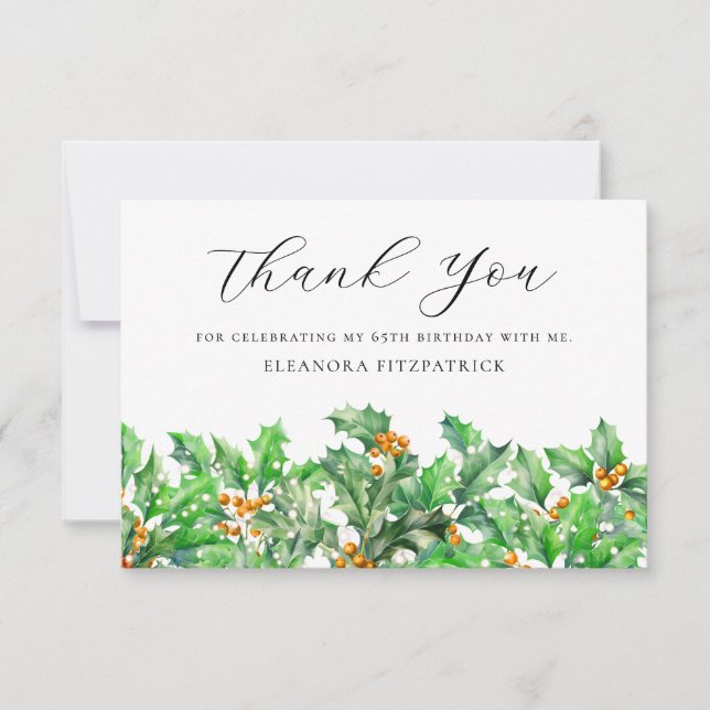 65th Birthday Holly December Birth Flower Custom Thank You Card (Front)