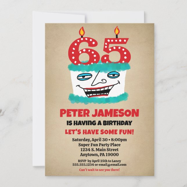 65th Birthday Invitation Funny Cake Casual Mens (Front)