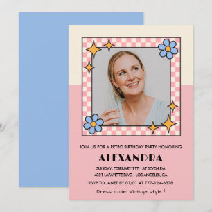 65th birthday invitation Retro Groovy Pink Flowers