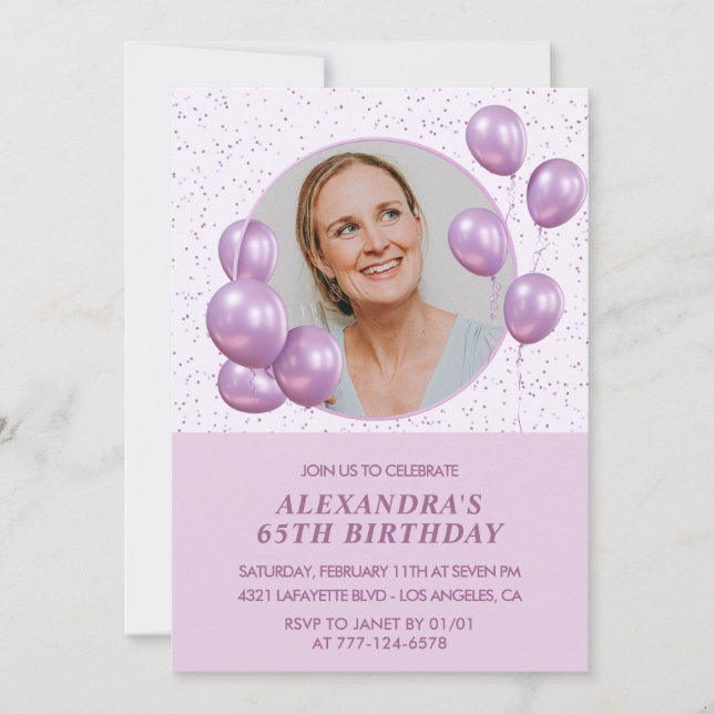 65th birthday invitations Balloons Photo Purple (Front)