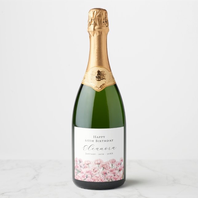 65th Birthday January Birth Flower Carnation Sparkling Wine Label (Front)