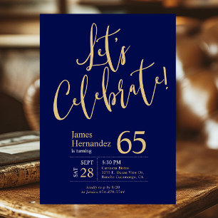 65th Birthday Let's Celebrate Navy Blue Gold Photo Invitation