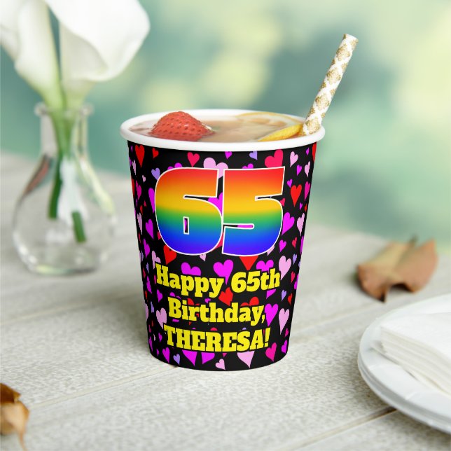 65th Birthday: Loving Hearts Pattern, Rainbow 65 Paper Cups (Insitu)