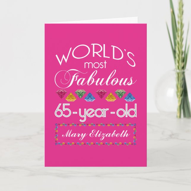 65th Birthday Most Fabulous Colorful Gems Pink Card (Front)
