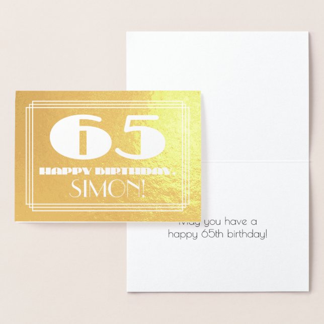 65th Birthday: Name + Art Deco Inspired Look "65" Foil Card (Display)