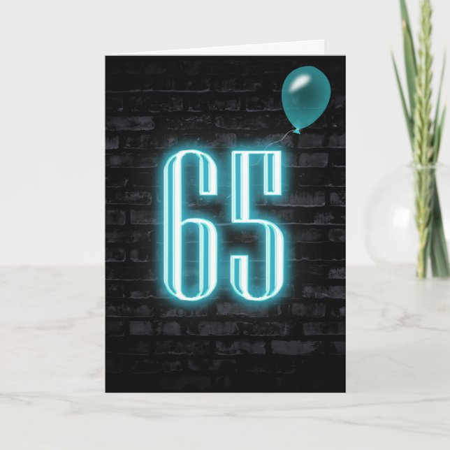 65th Birthday Neon Sign on Brick  Card (Front)