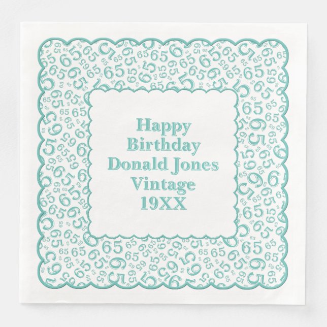 65th Birthday Number Pattern Scallops Teal/White Napkin (Front)