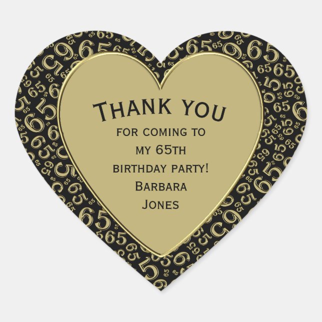 65th Birthday Party Black and Gold Pattern Heart Sticker (Front)